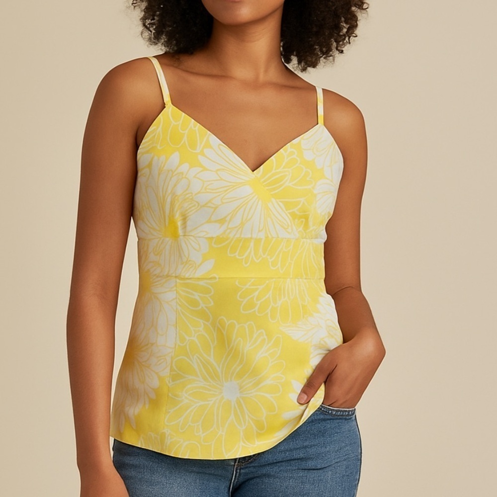 Ann Taylor Butter Yellow Babydoll Floral Tank Top Sleeveless Blouse 8P Petite